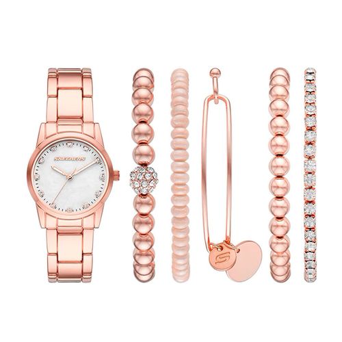 Set de reloj Skechers análogo metálico rose gold con pulseras varias para mujer